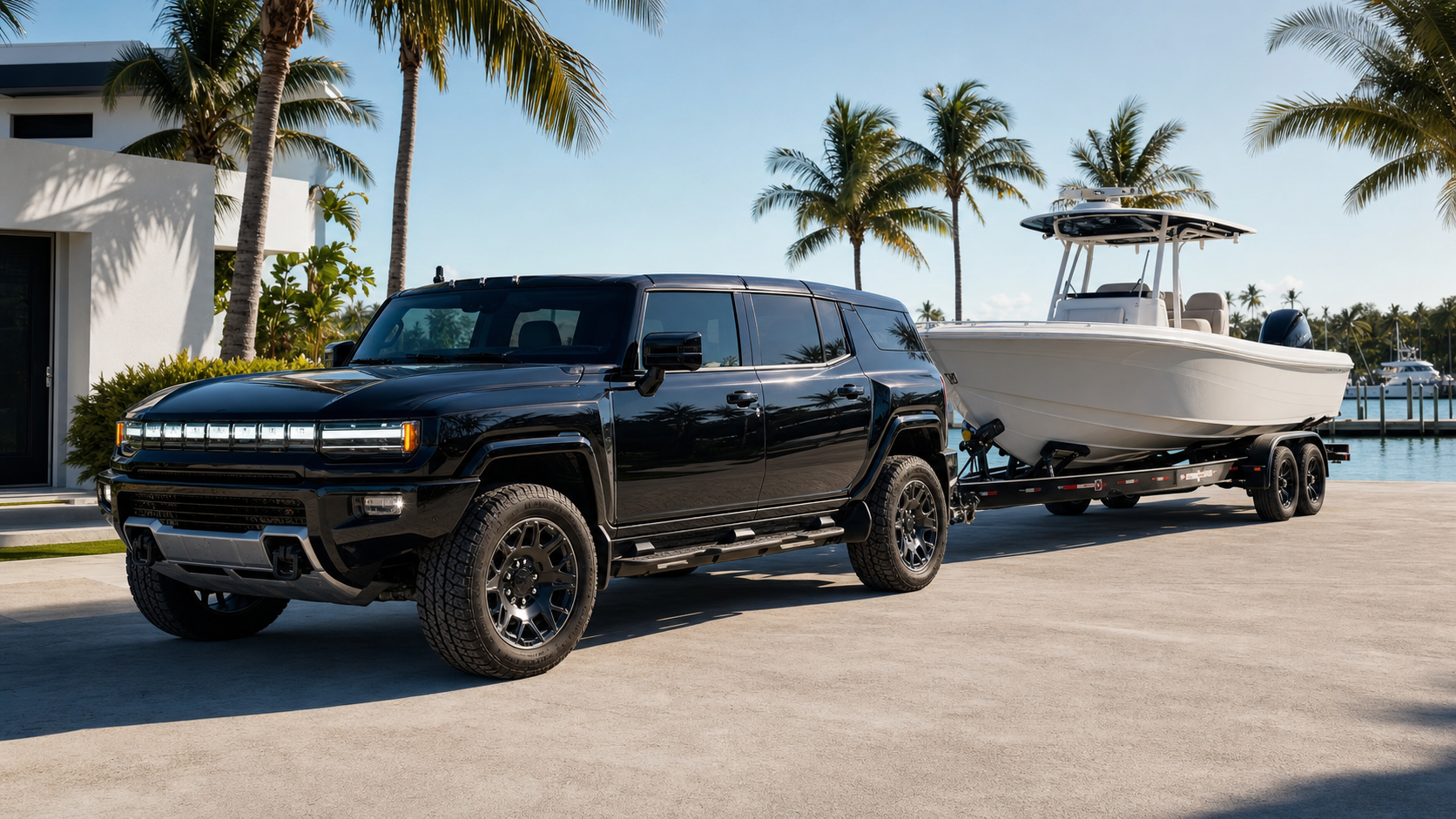 Black luxury SUV hauling a center-console boat on a trailer at a South Florida marina
