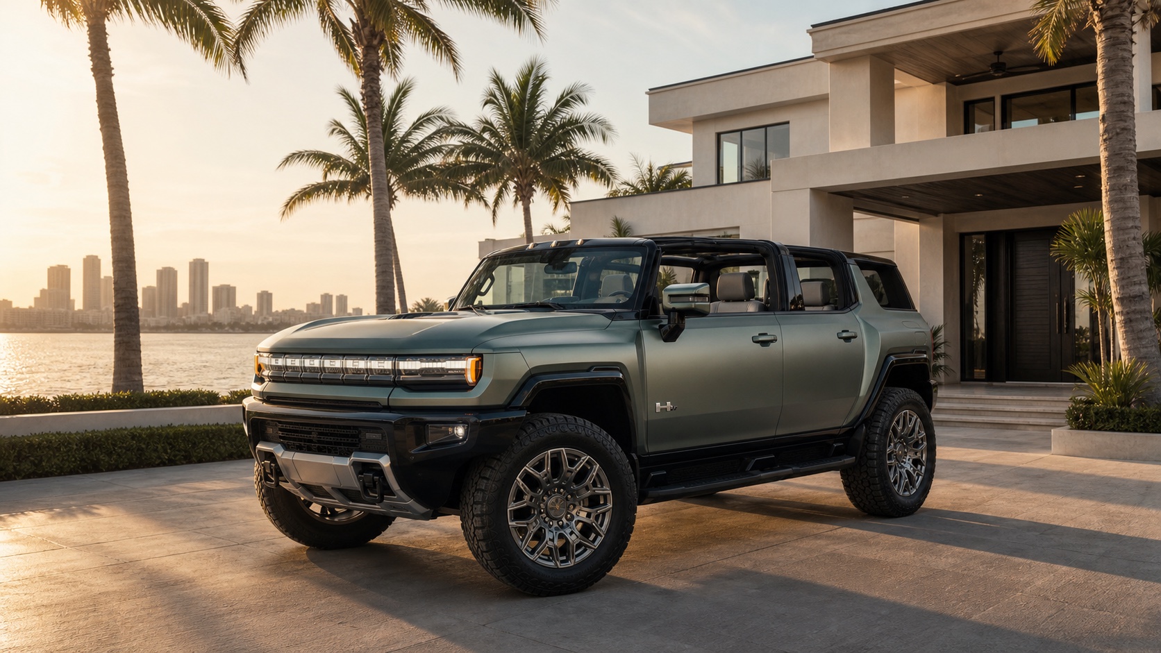Green Hummer EV private chauffeur vehicle at a luxury Miami waterfront mansion