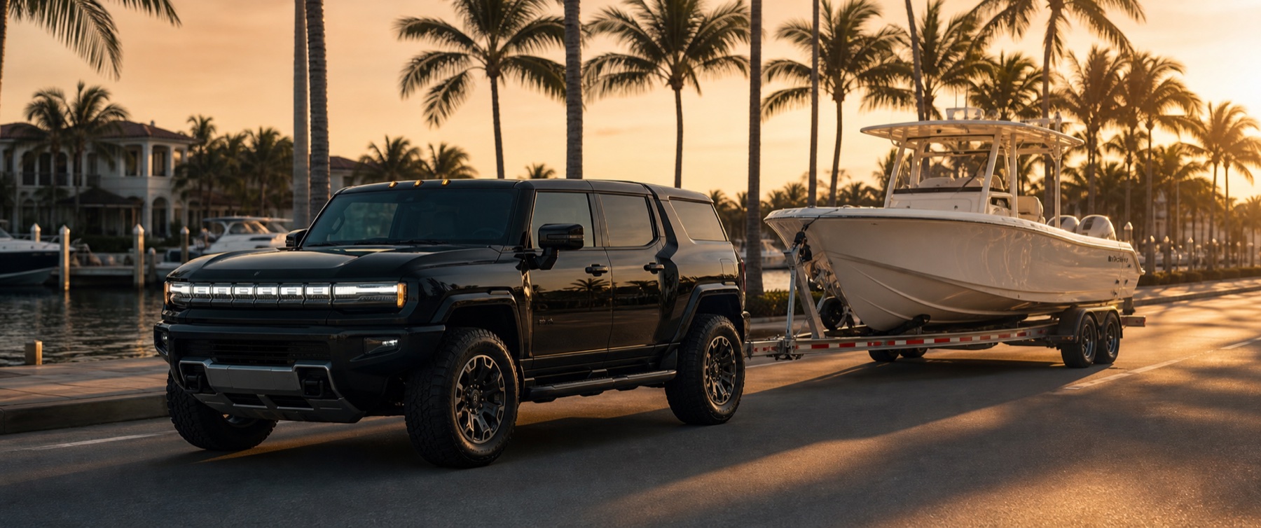 Black Hummer EV style vehicle hauling a white center console boat on a trailer beside palm trees